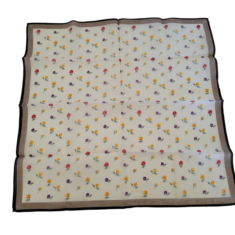 Pierre Balmain Hiver 1988 Vintage Floral Handkerchief Scarf White Gold 18.5"